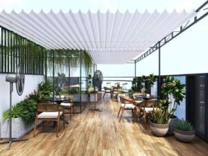 mái xếp sân thượng cafe